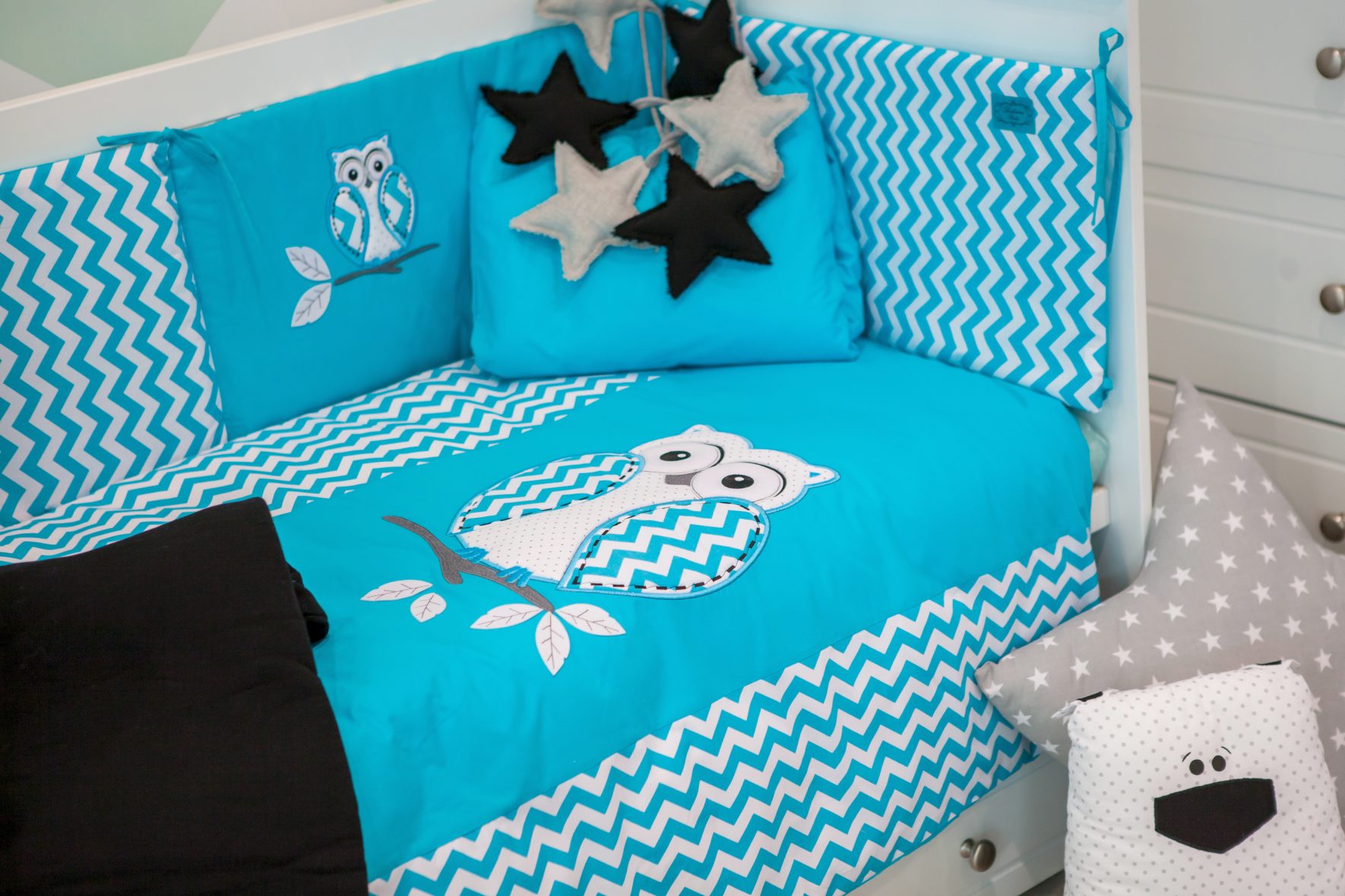 Set lenjerie de patut 5 piese Bufnite Blue