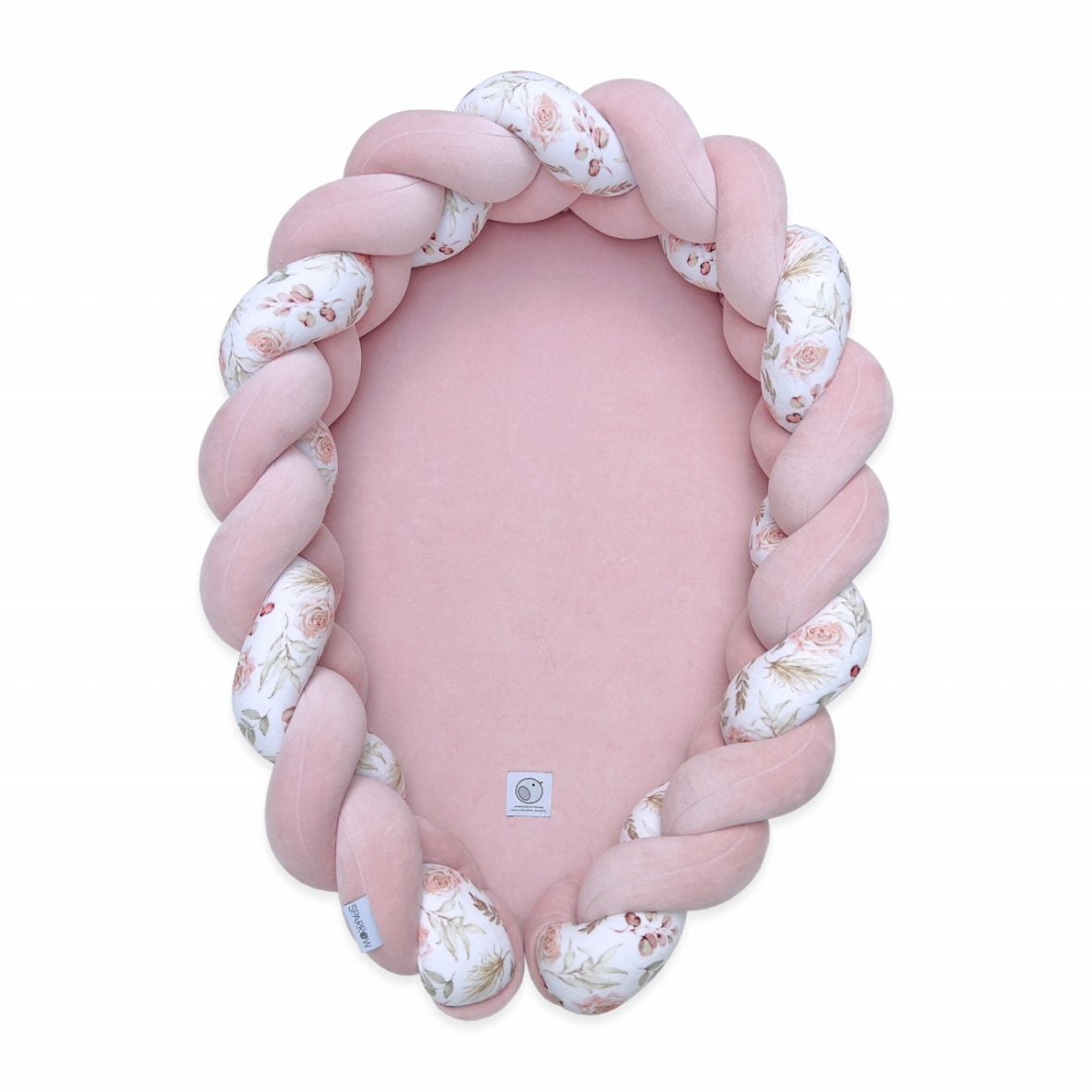 Babynest 2in1 pentru copii, cu margini impletite, din bumbac catifelat, Sparrow Velvet, Powder Pink Flowers