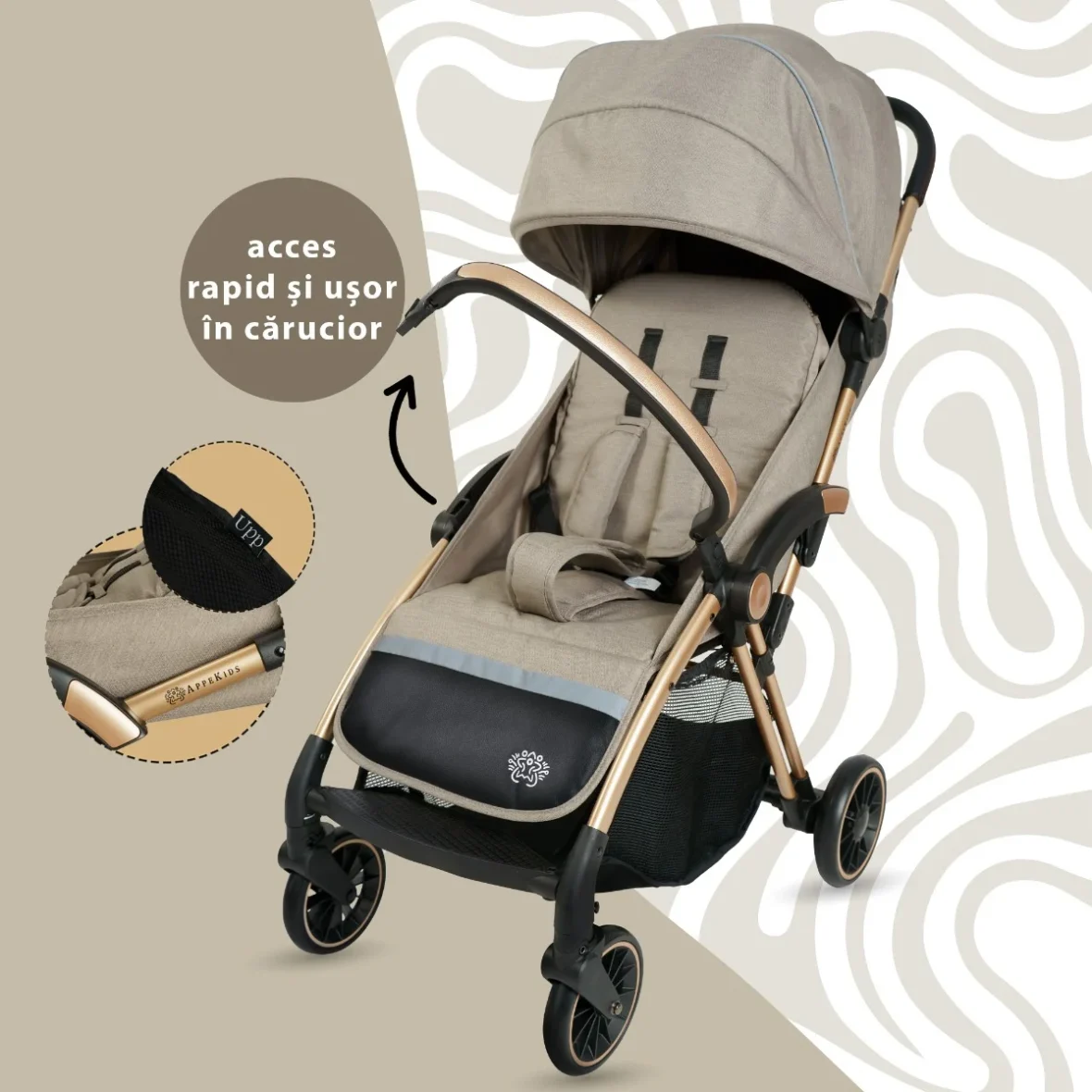 Carucior Sport AppeKids Upp Beige – este un accesoriu indispensabil inca de la nastere pana la varsta de 4 ani. Este foarte important pentru parinte ca un carucior sa fie (1)