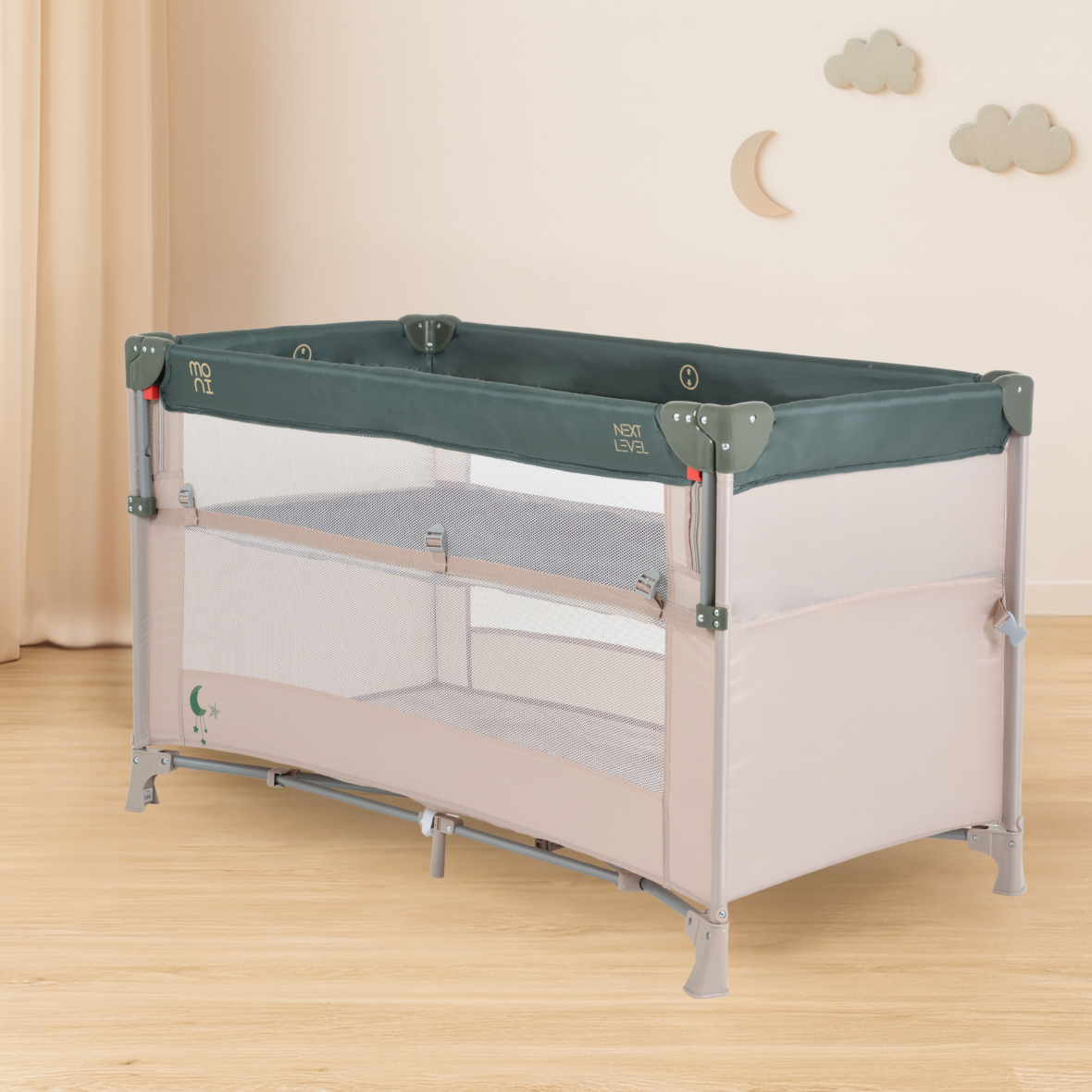 Pătuț pliabil cu laterală culisabilă Next Level Green tiny tots bebe magazin patuturi copii cluj (1)