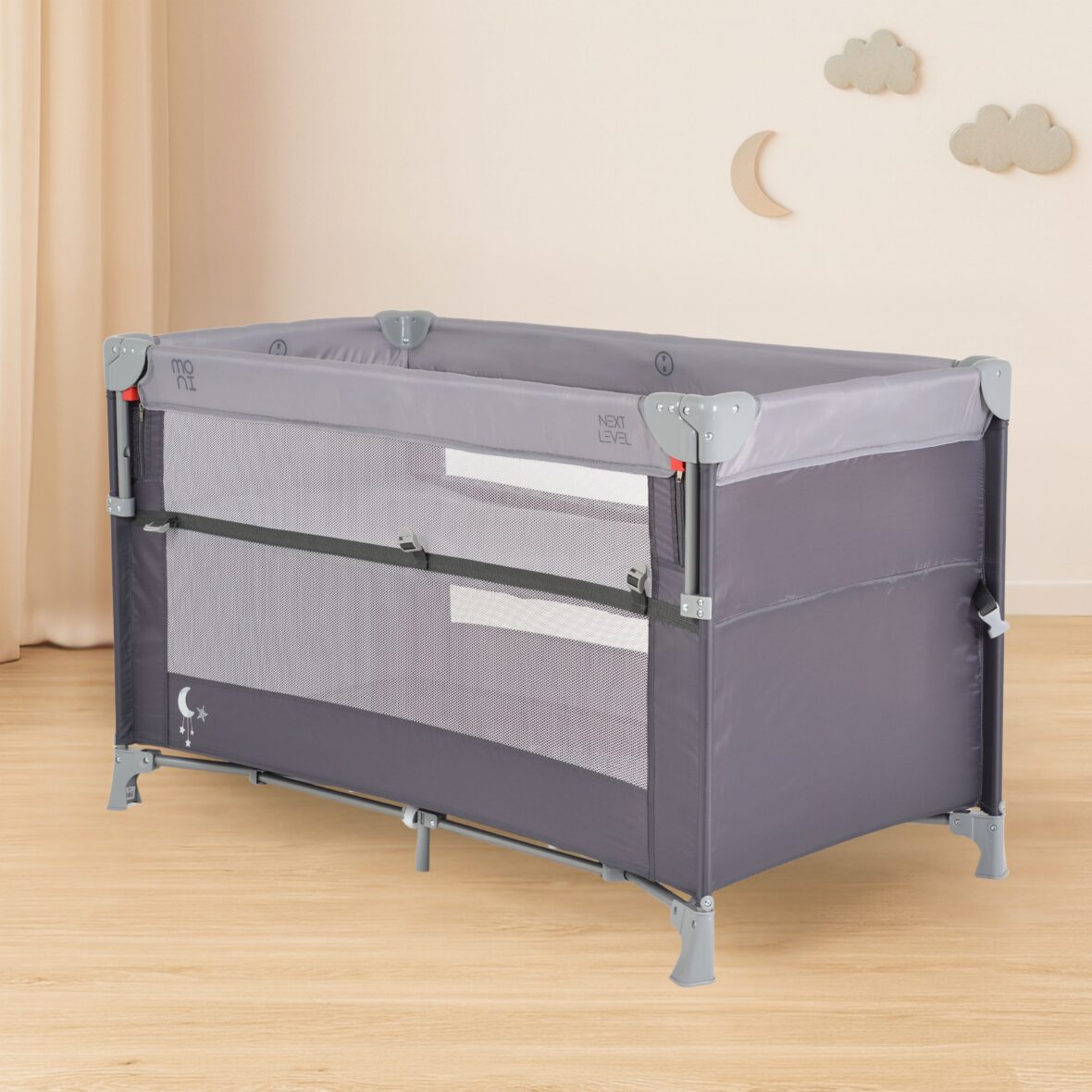 Pătuț pliabil cu laterală culisabilă Next Level Grey tiny tots bebe magazin patuturi copii cluj (2)