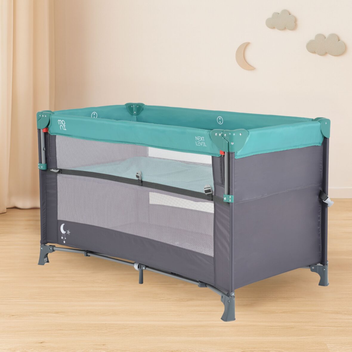 Pătuț pliabil cu laterală culisabilă Next Level Turquoise tiny tots bebe magazin patuturi copii cluj (6)