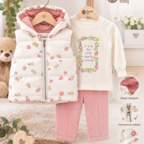 Set 3 Piese Hippil Baby Floral Roz cu Vestă Matlasată 6-9 luni