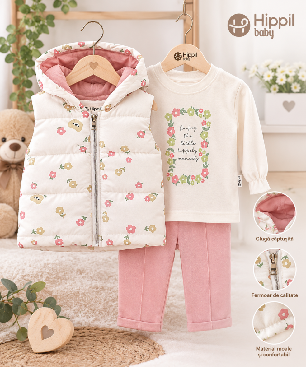 Set copii 3 piese Floral Roz cu Vestă Matlasată 6-9 luni