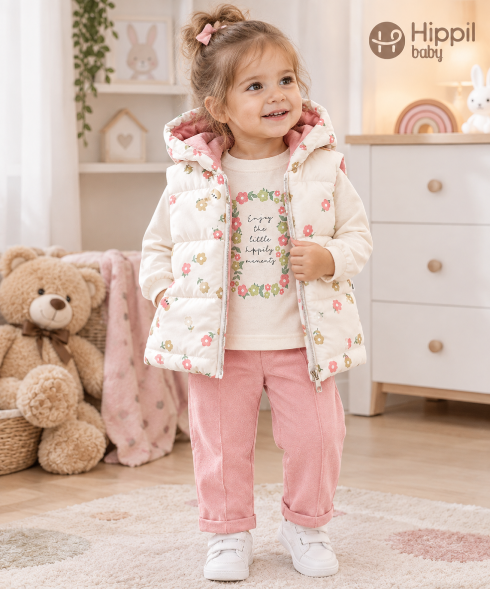 Set 3 Piese Hippil Baby Floral Roz cu Vestă Matlasată 6-9 luni tiny tots bebe magazin haine copii cluj (2)